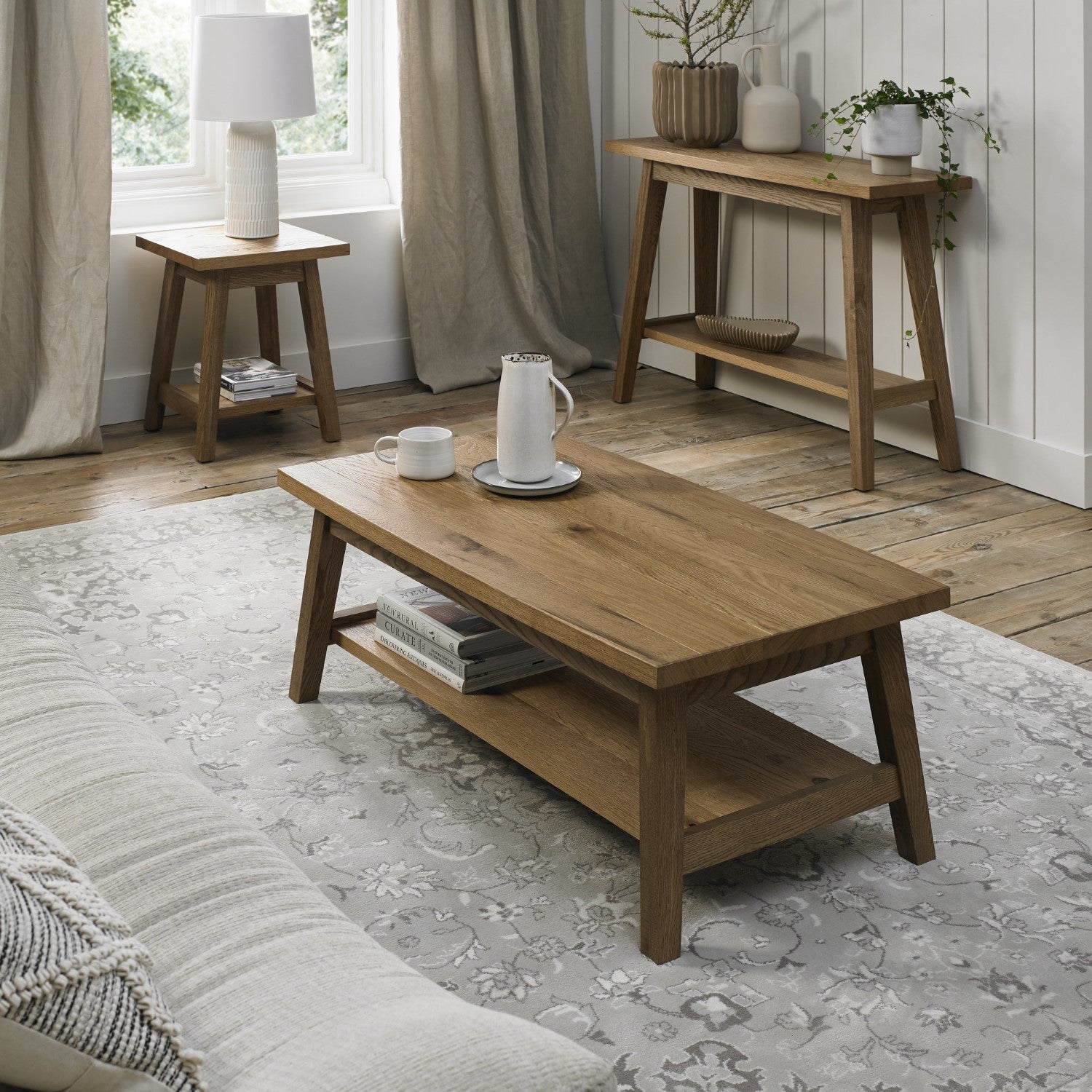 Rustic Oak Rectangular Low Coffee Table with Lower Shelf - Home Furniture Interiors