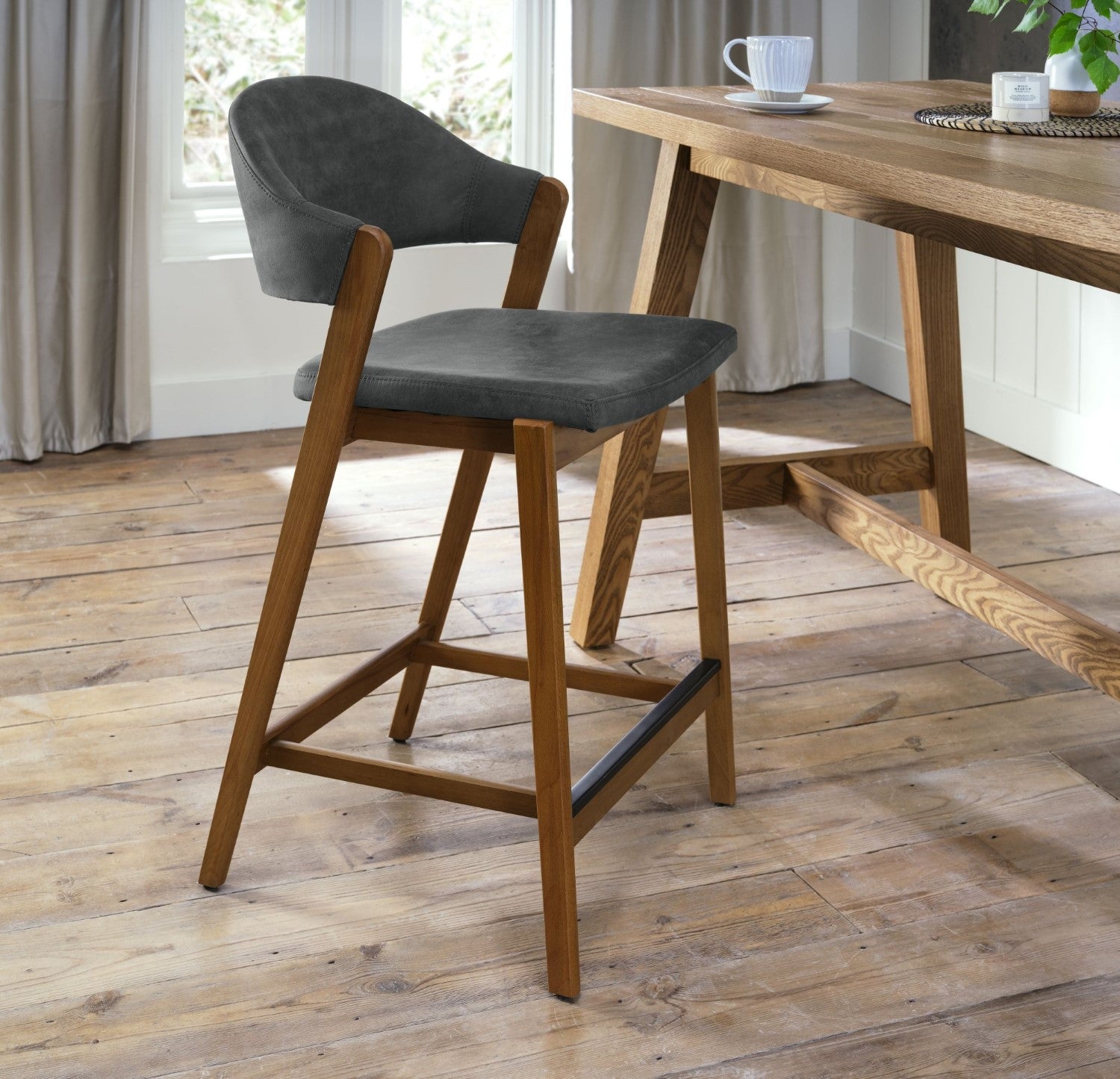 Dark Grey Fabric Curved Bar Stool Rustic Oak Frame