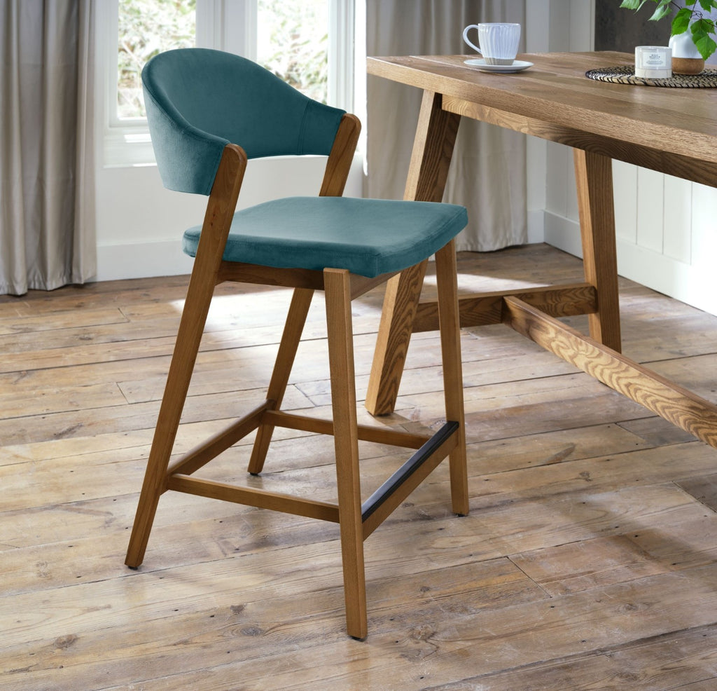 Azure Blue Velvet Curved Bar Stool Rustic Oak Frame