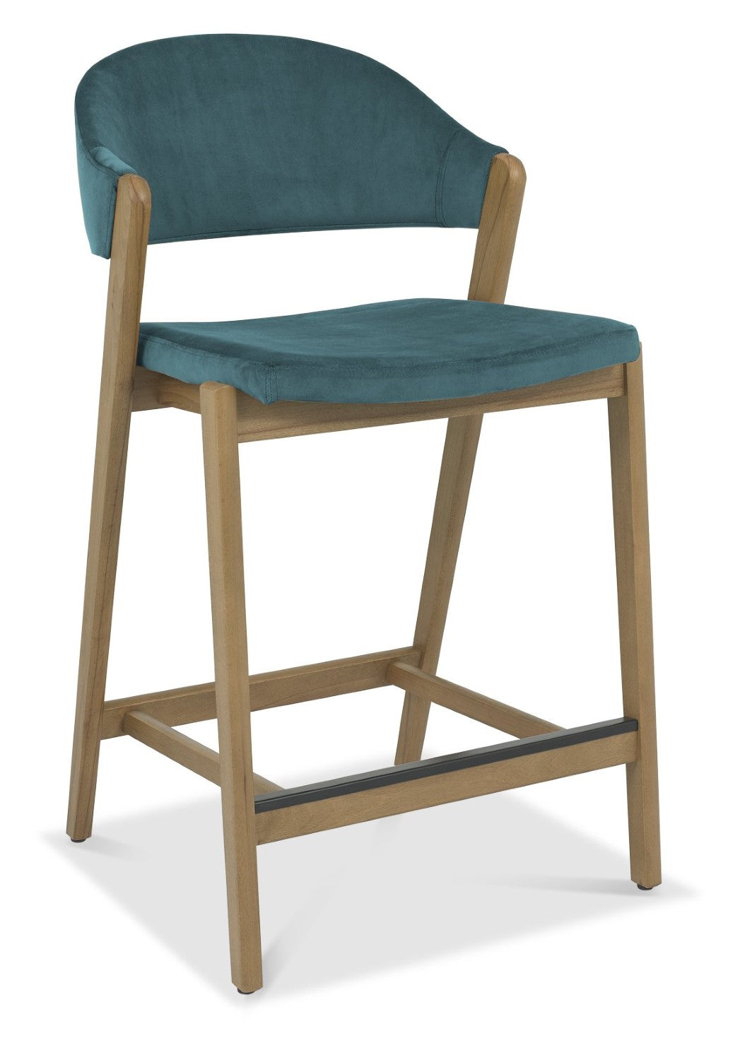 Azure Blue Velvet Curved Bar Stool Rustic Oak Frame - Home Furniture Interiors