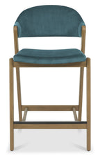 Azure Blue Velvet Curved Bar Stool Rustic Oak Frame - Home Furniture Interiors