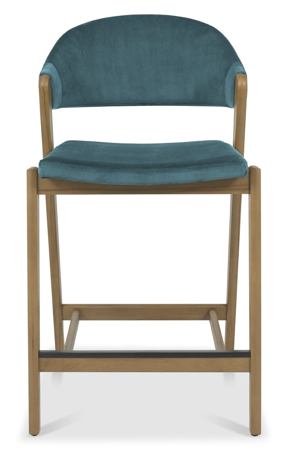 Azure Blue Velvet Curved Bar Stool Rustic Oak Frame - Home Furniture Interiors