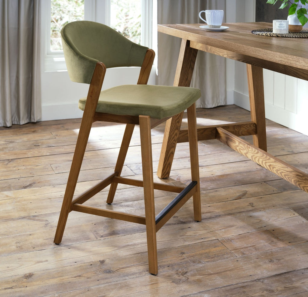 Green Velvet Curved Bar Stool Rustic Oak Frame