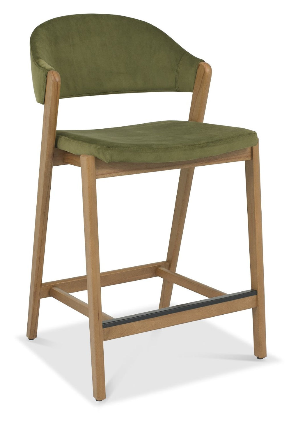 Green Velvet Curved Bar Stool Rustic Oak Frame - Home Furniture Interiors