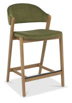 Green Velvet Curved Bar Stool Rustic Oak Frame - Home Furniture Interiors