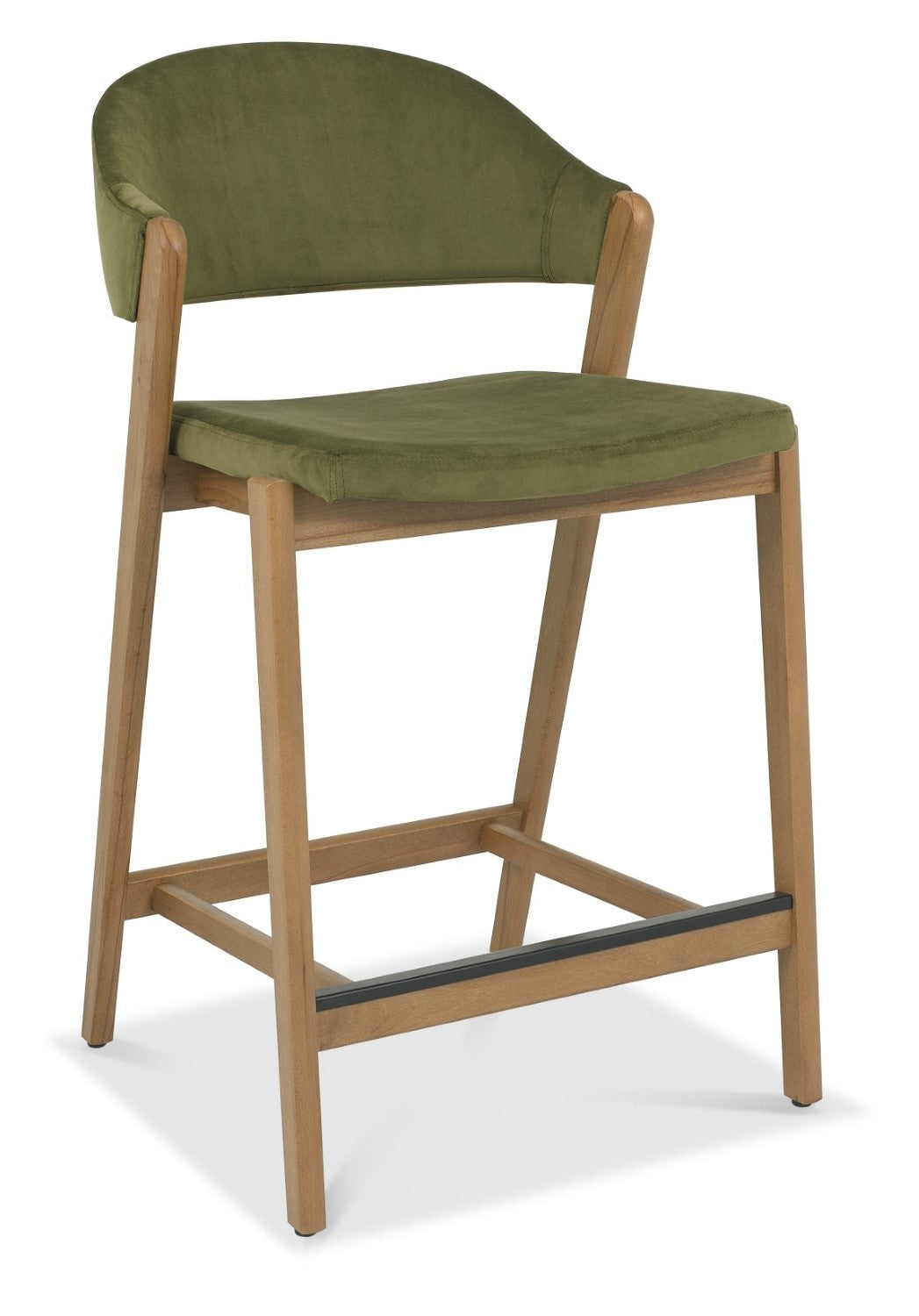 Green Velvet Curved Bar Stool Rustic Oak Frame - Home Furniture Interiors