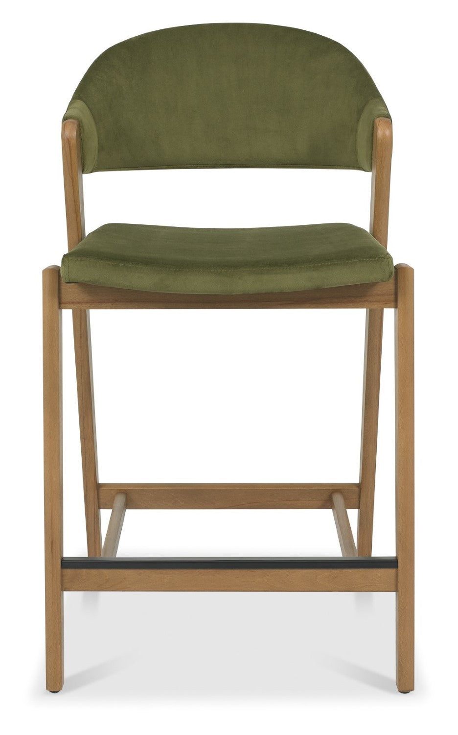 Green Velvet Curved Bar Stool Rustic Oak Frame - Home Furniture Interiors
