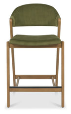 Green Velvet Curved Bar Stool Rustic Oak Frame - Home Furniture Interiors