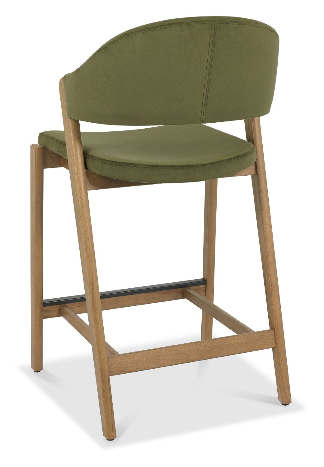Green Velvet Curved Bar Stool Rustic Oak Frame - Home Furniture Interiors