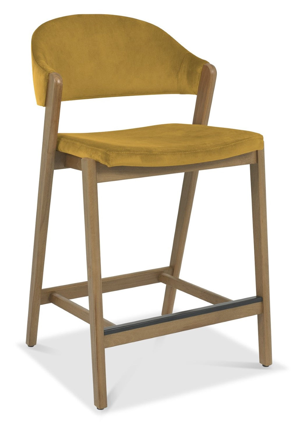 Mustard Yellow Velvet Curved Bar Stool Rustic Oak Frame - Home Furniture Interiors