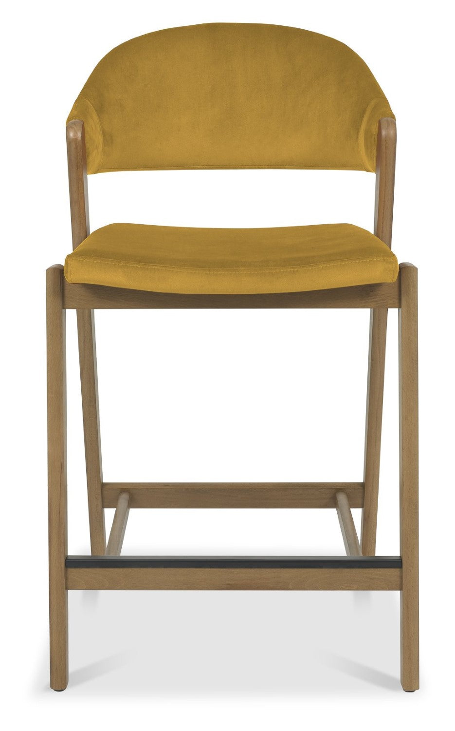 Mustard Yellow Velvet Curved Bar Stool Rustic Oak Frame - Home Furniture Interiors