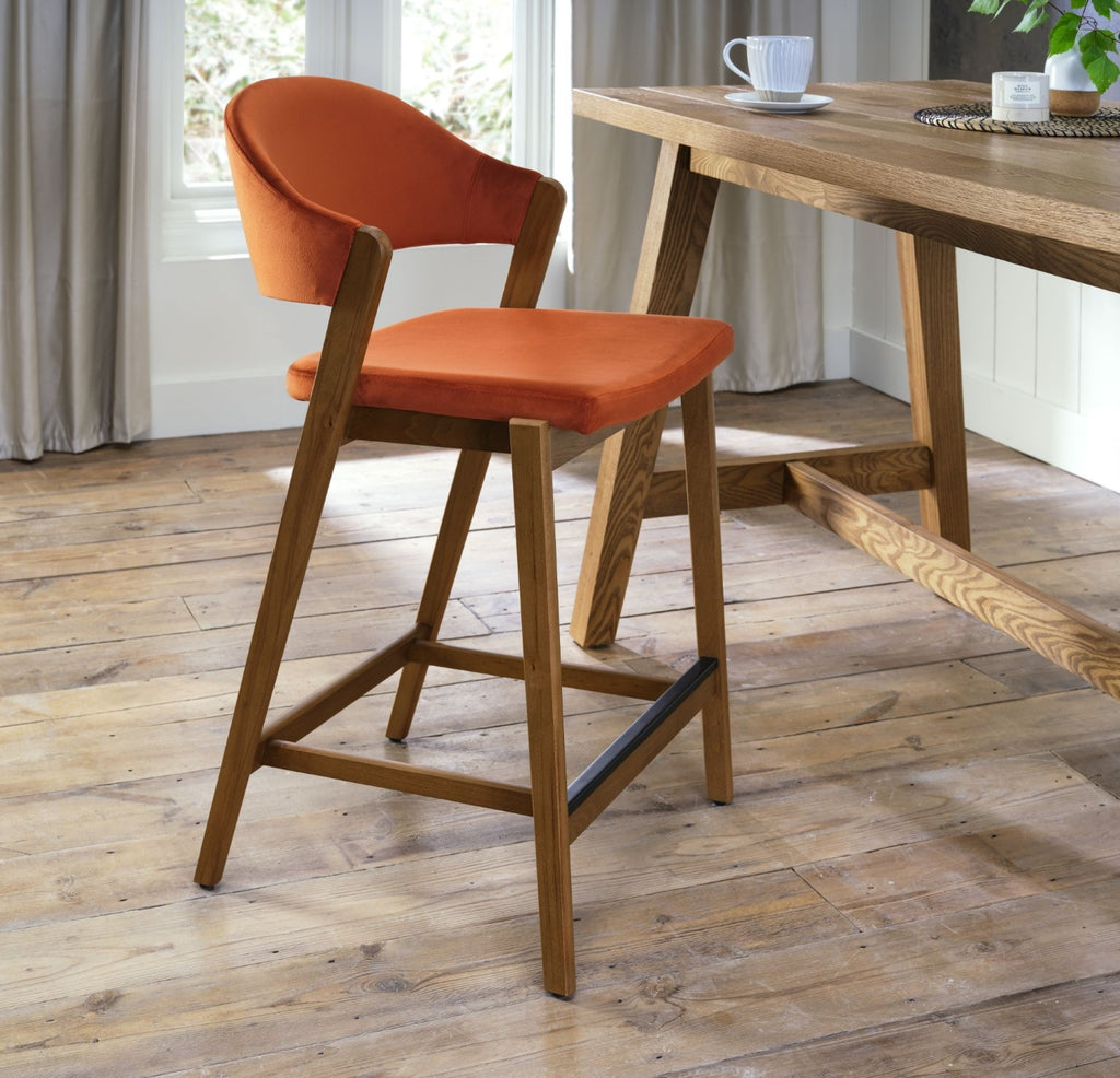 Rust Orange Velvet Curved Bar Stool Rustic Oak Frame
