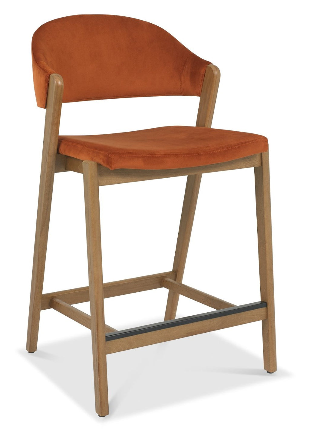 Rust Orange Velvet Curved Bar Stool Rustic Oak Frame - Home Furniture Interiors