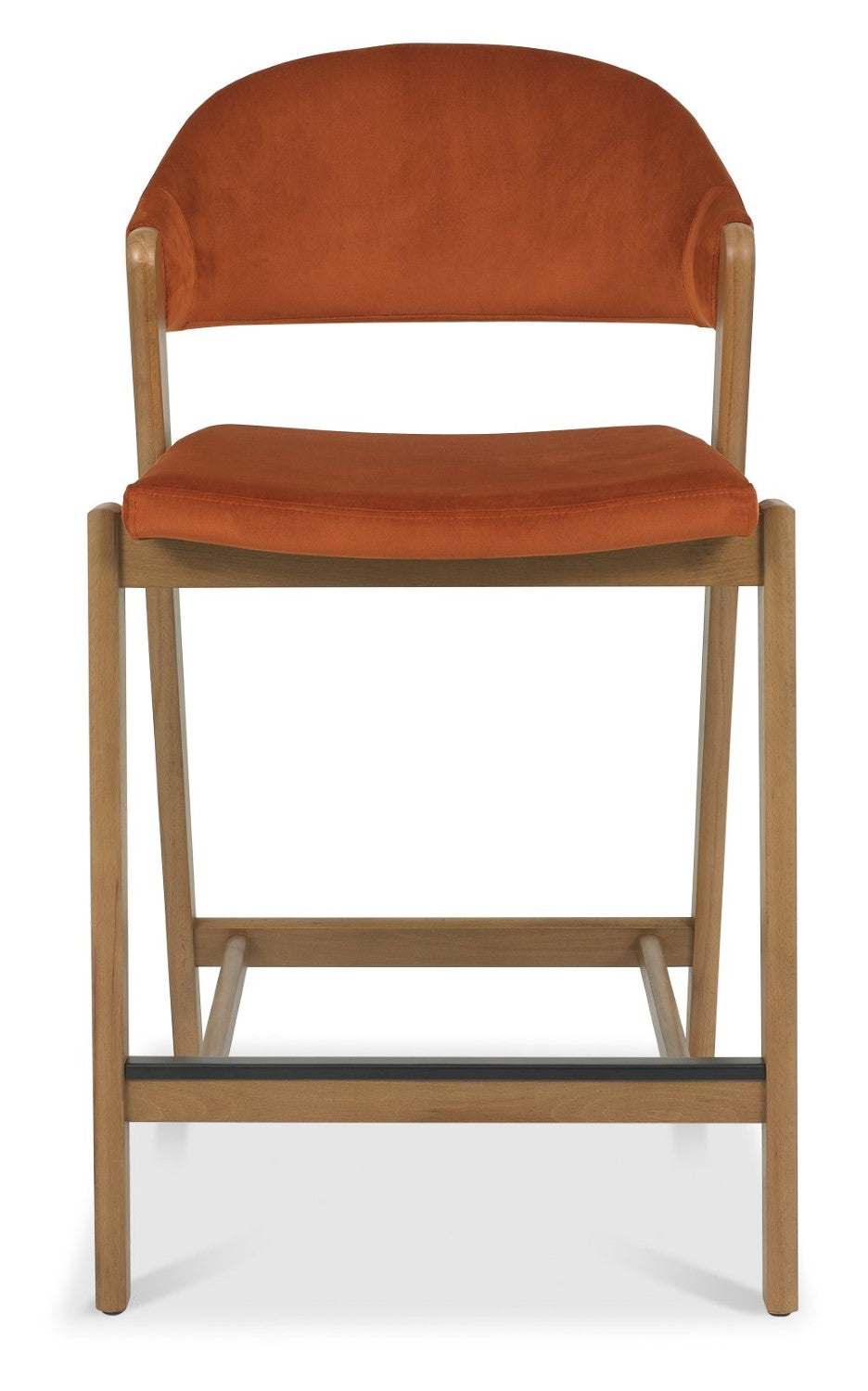 Rust Orange Velvet Curved Bar Stool Rustic Oak Frame - Home Furniture Interiors