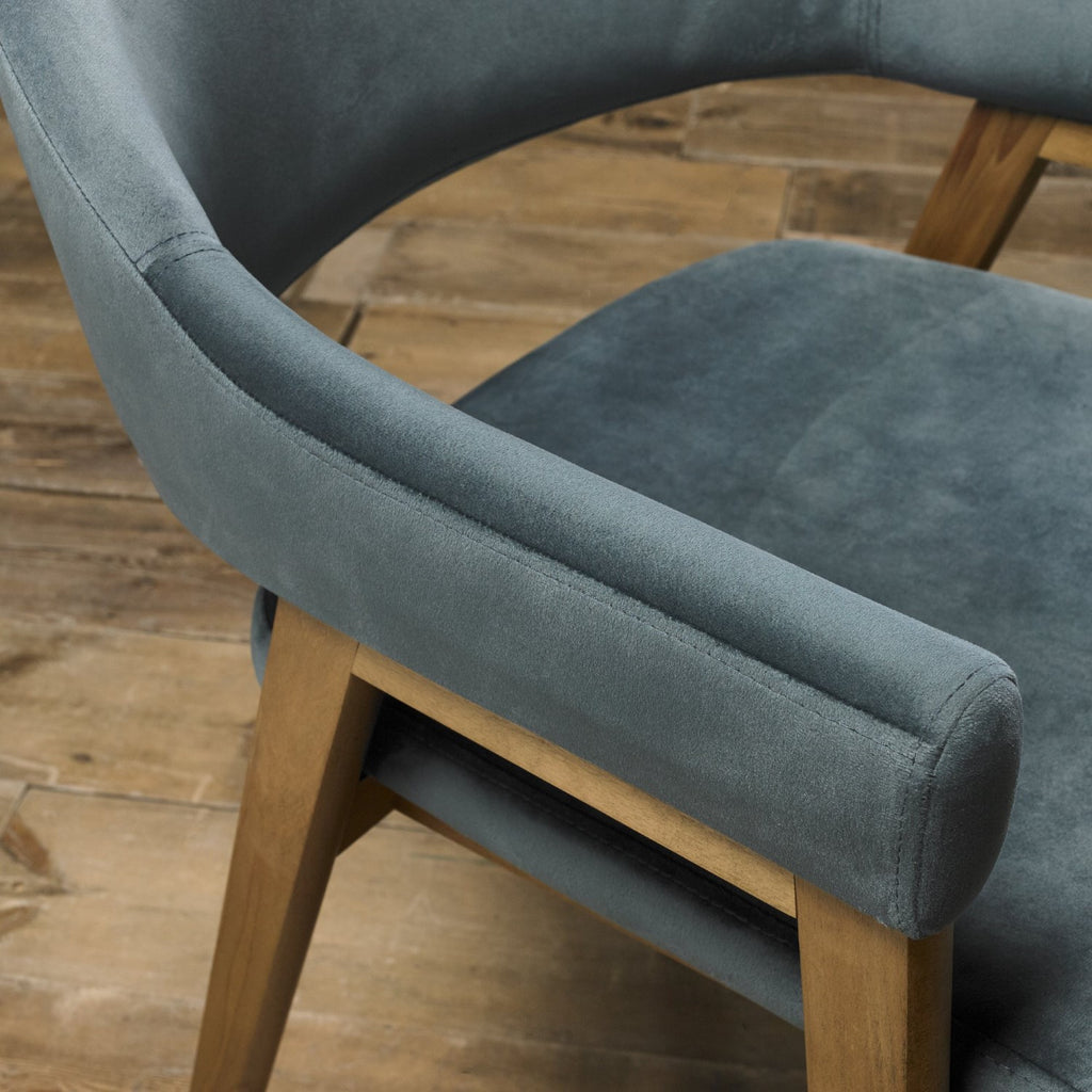 Blue Velvet Fabric Dining Armchair Rustic Oak Legs - Home Furniture Interiors