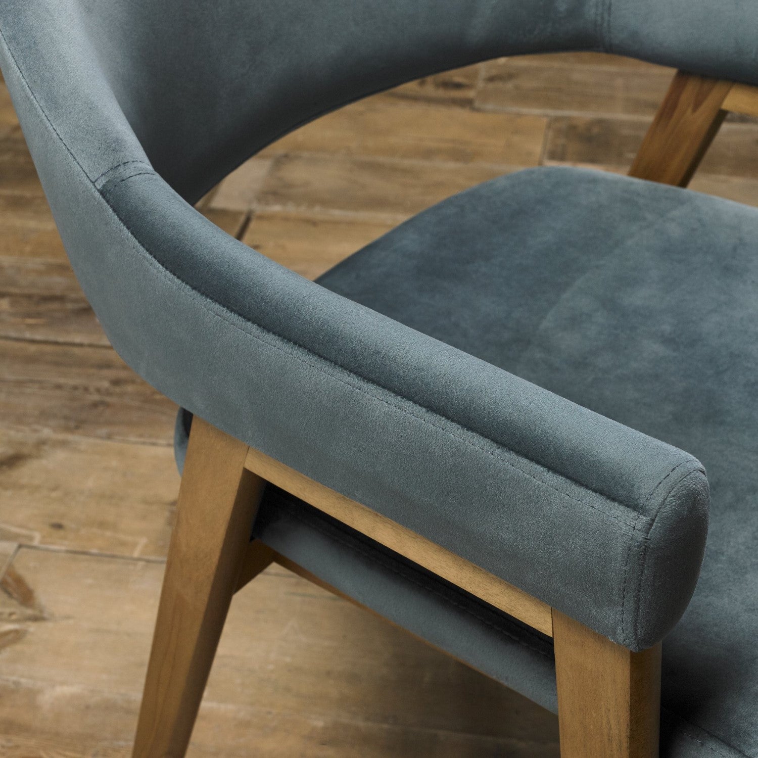 Blue Velvet Fabric Dining Armchair Rustic Oak Legs - Home Furniture Interiors