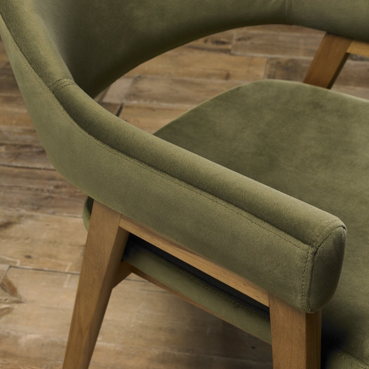 Green Velvet Fabric Dining Armchair Rustic Oak Legs - Home Furniture Interiors
