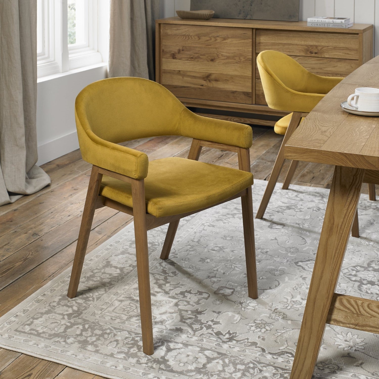 Dark Yellow Fabric Dining Armchair Rustic Oak Legs