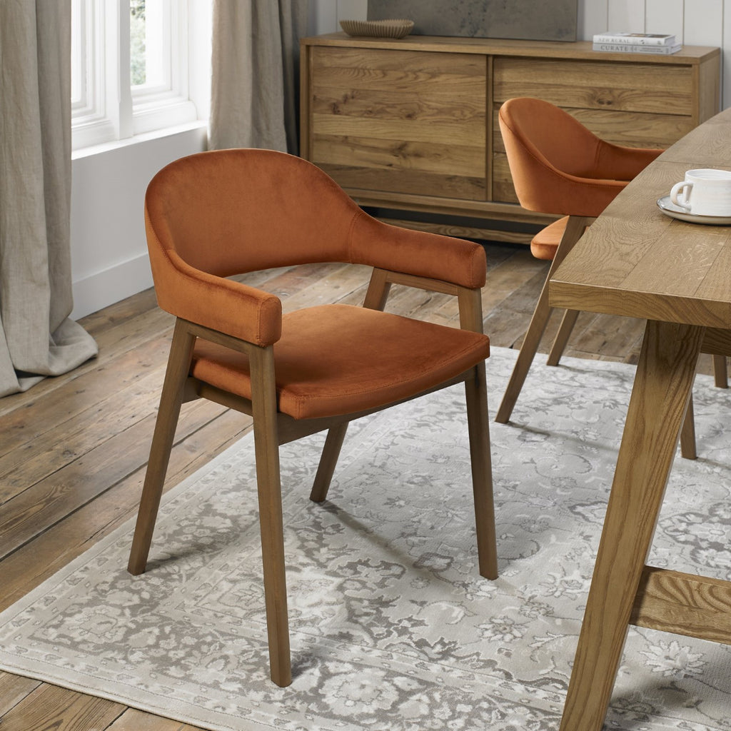 Rustic Oak Orange Velvet Fabric Dining Arm Chair