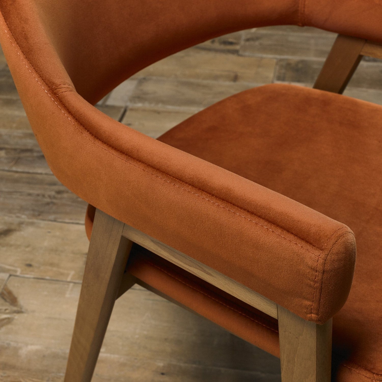 Rustic Oak Orange Velvet Fabric Dining Arm Chair - Home Furniture Interiors