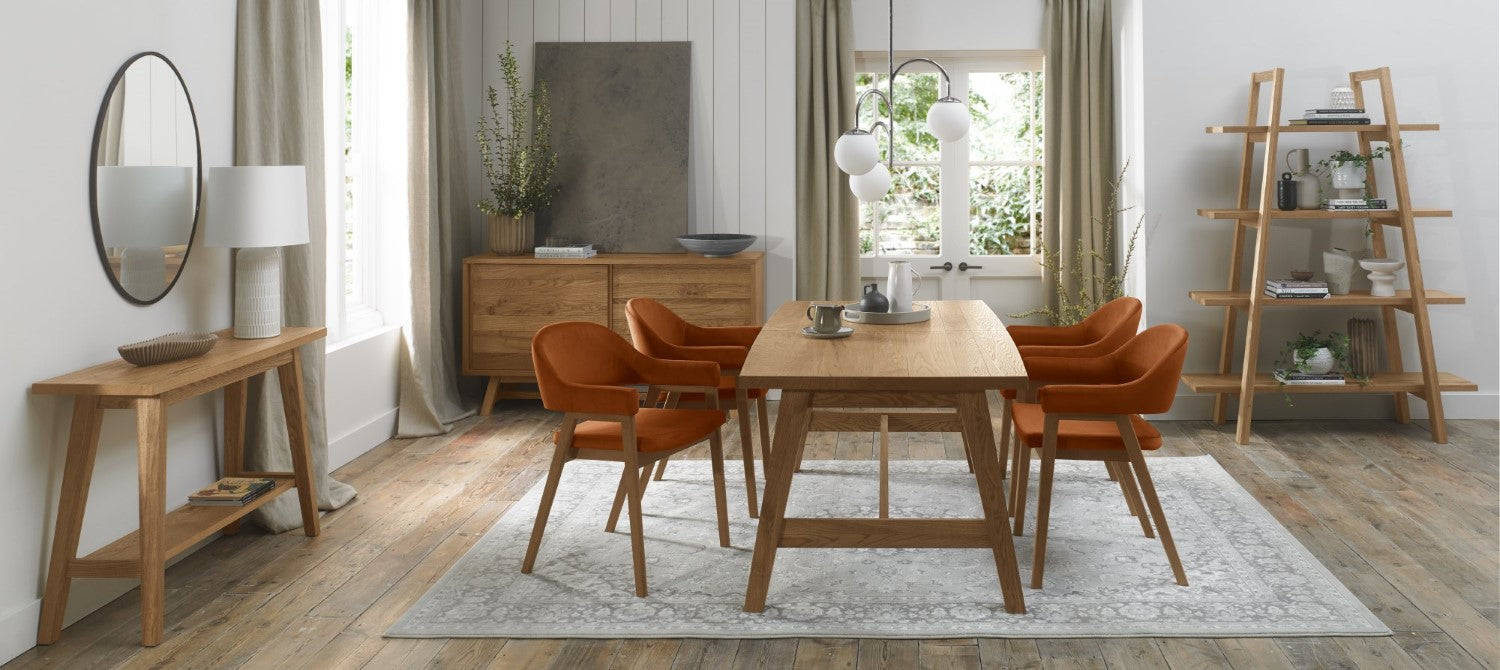 Rustic Oak Orange Velvet Fabric Dining Arm Chair - Home Furniture Interiors