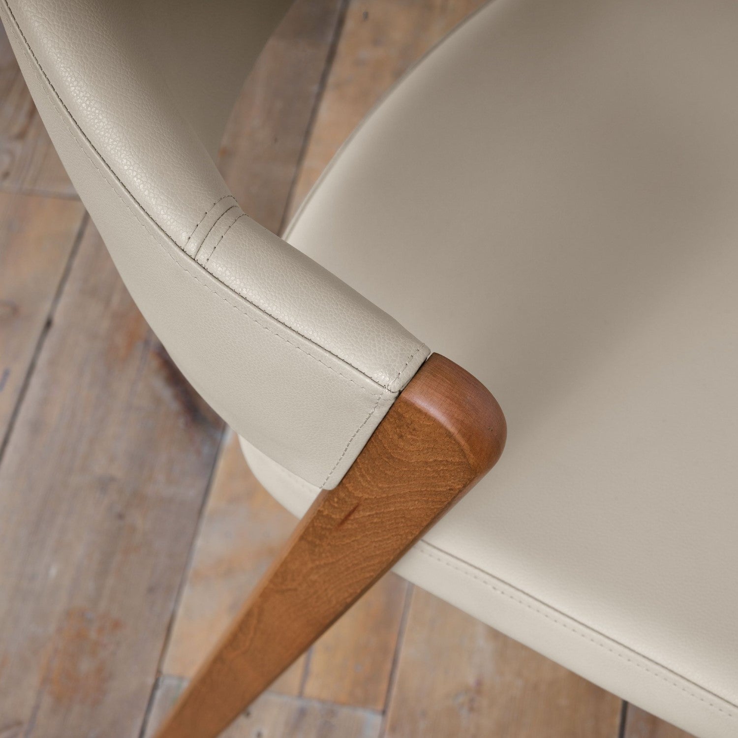 Ivory Leather Curved Retro Dining Chair Rustic Oak Legs - Home Furniture Interiors