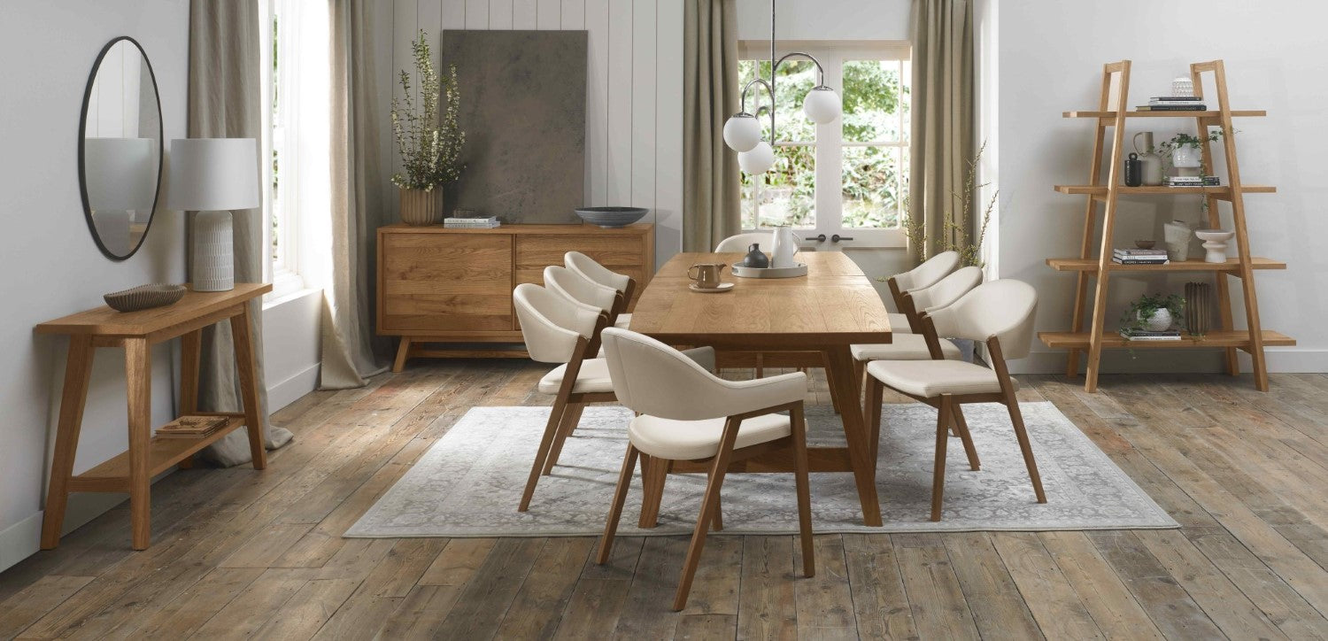 Ivory Leather Curved Retro Dining Chair Rustic Oak Legs - Home Furniture Interiors