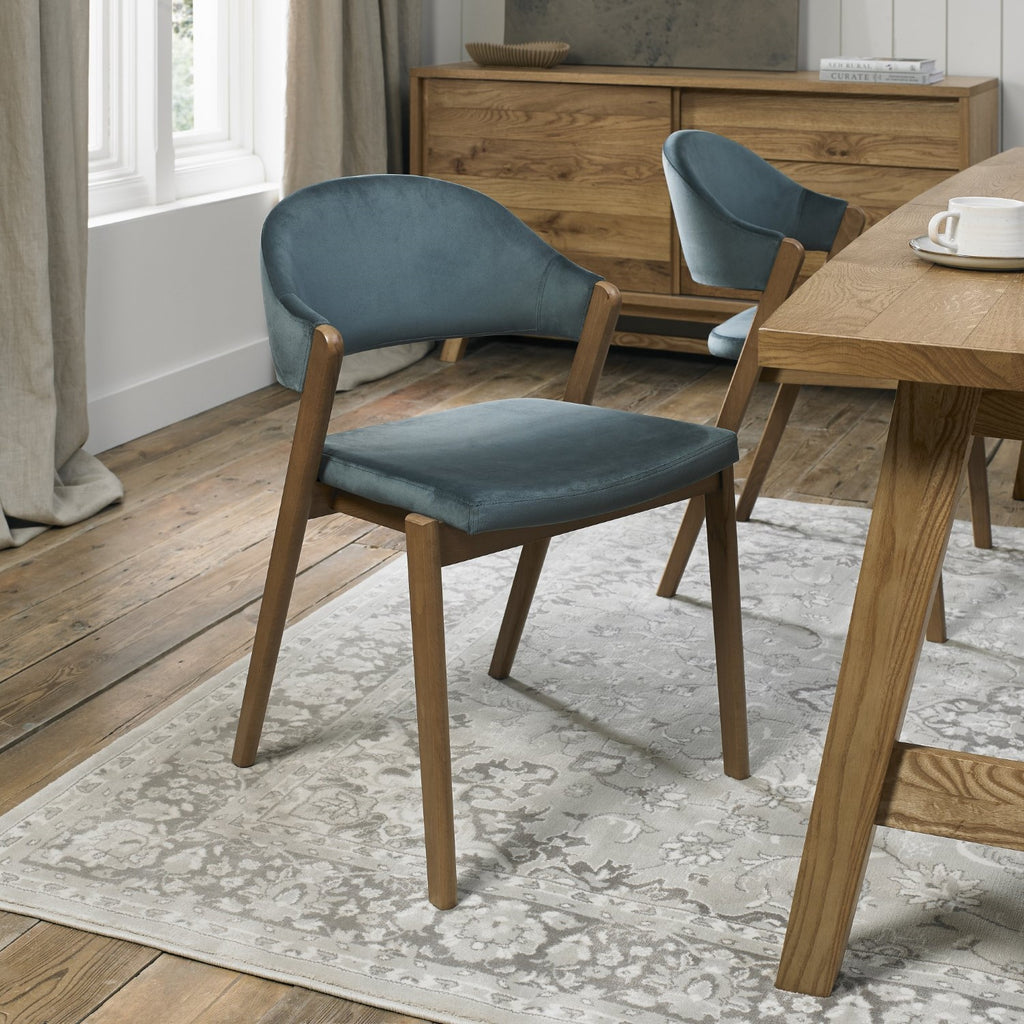 Azure Blue Velvet Fabric Rustic Oak Dining Chair