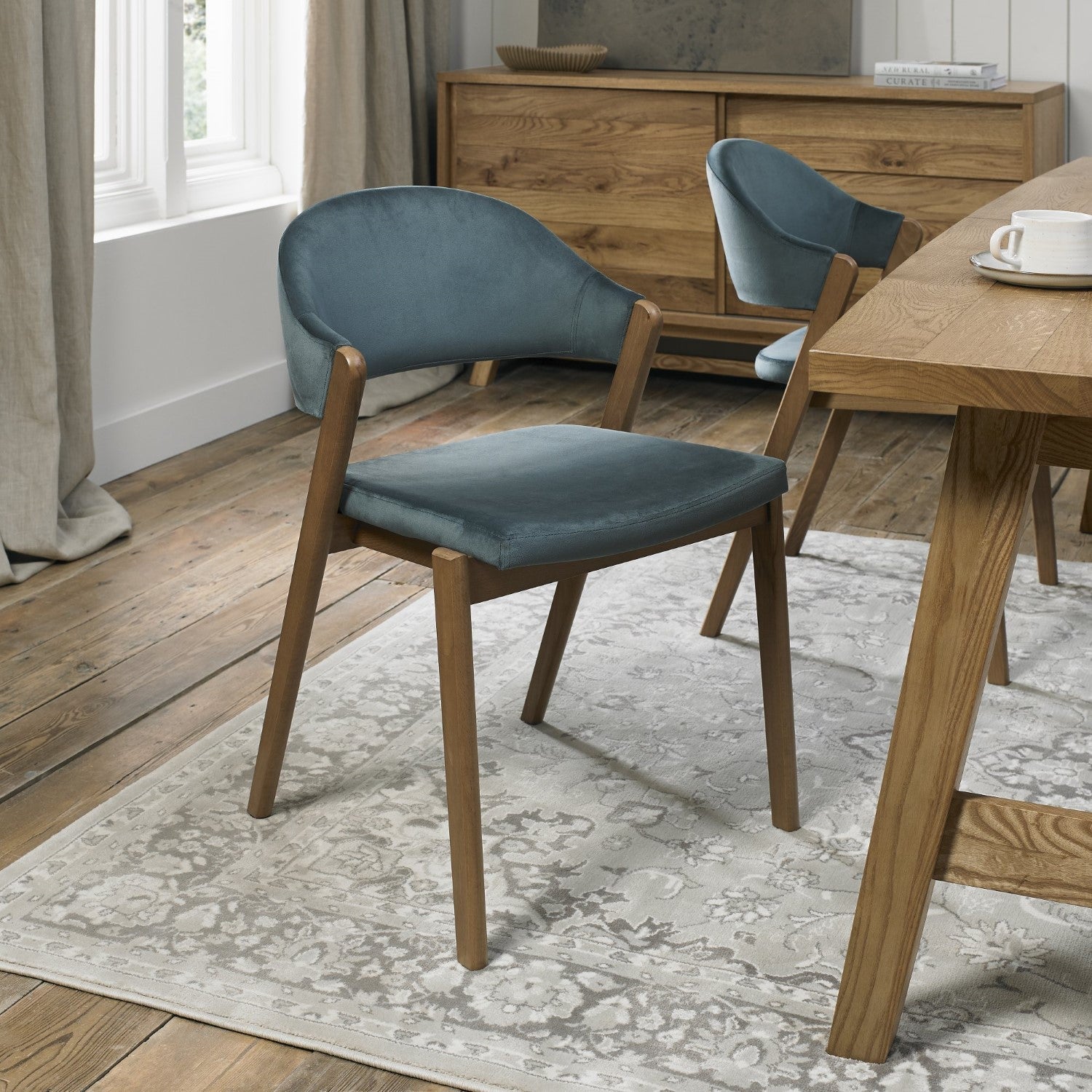 Azure Blue Velvet Fabric Rustic Oak Dining Chair