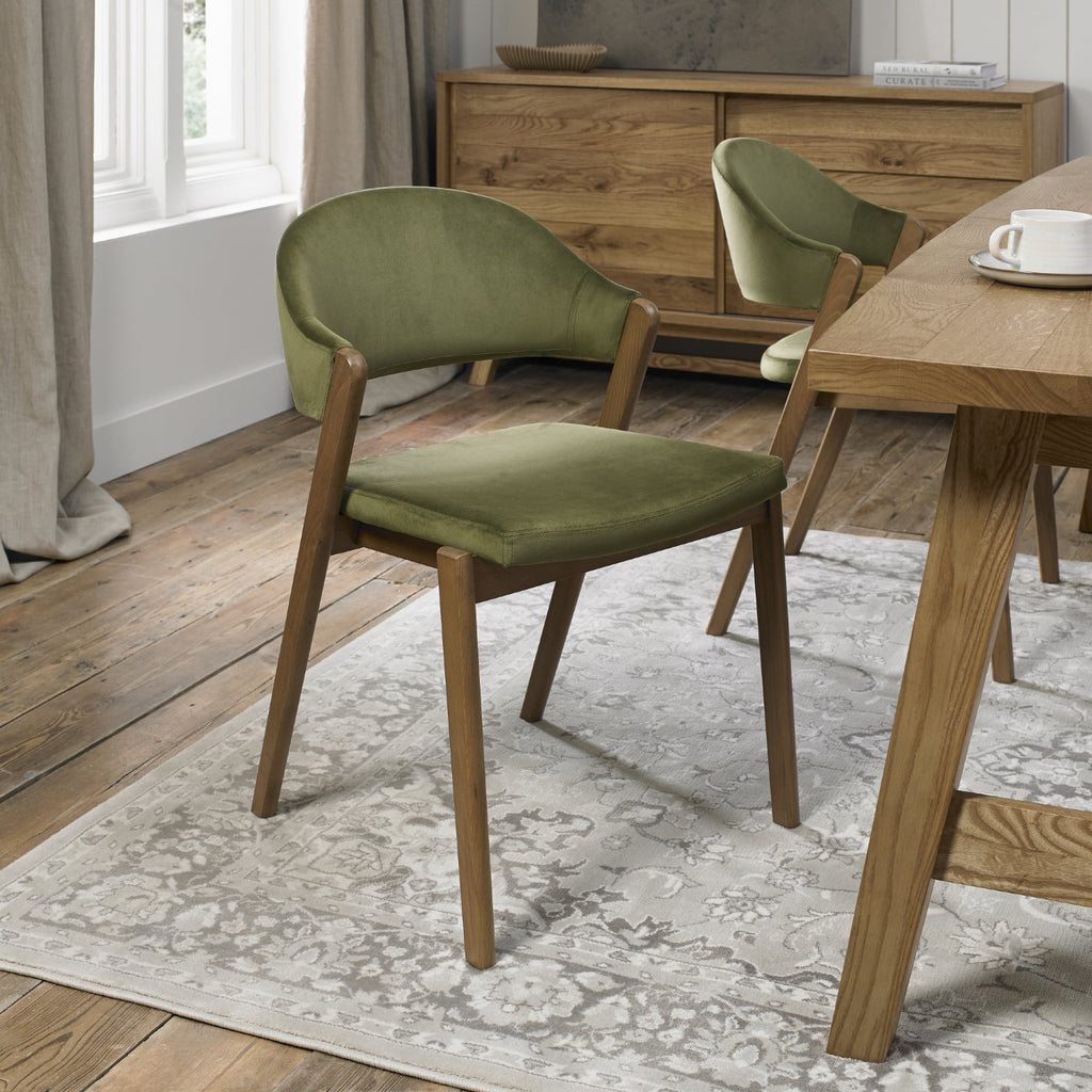 Green Velvet Fabric Curved Back Dining Chair Rustic Oak Frame