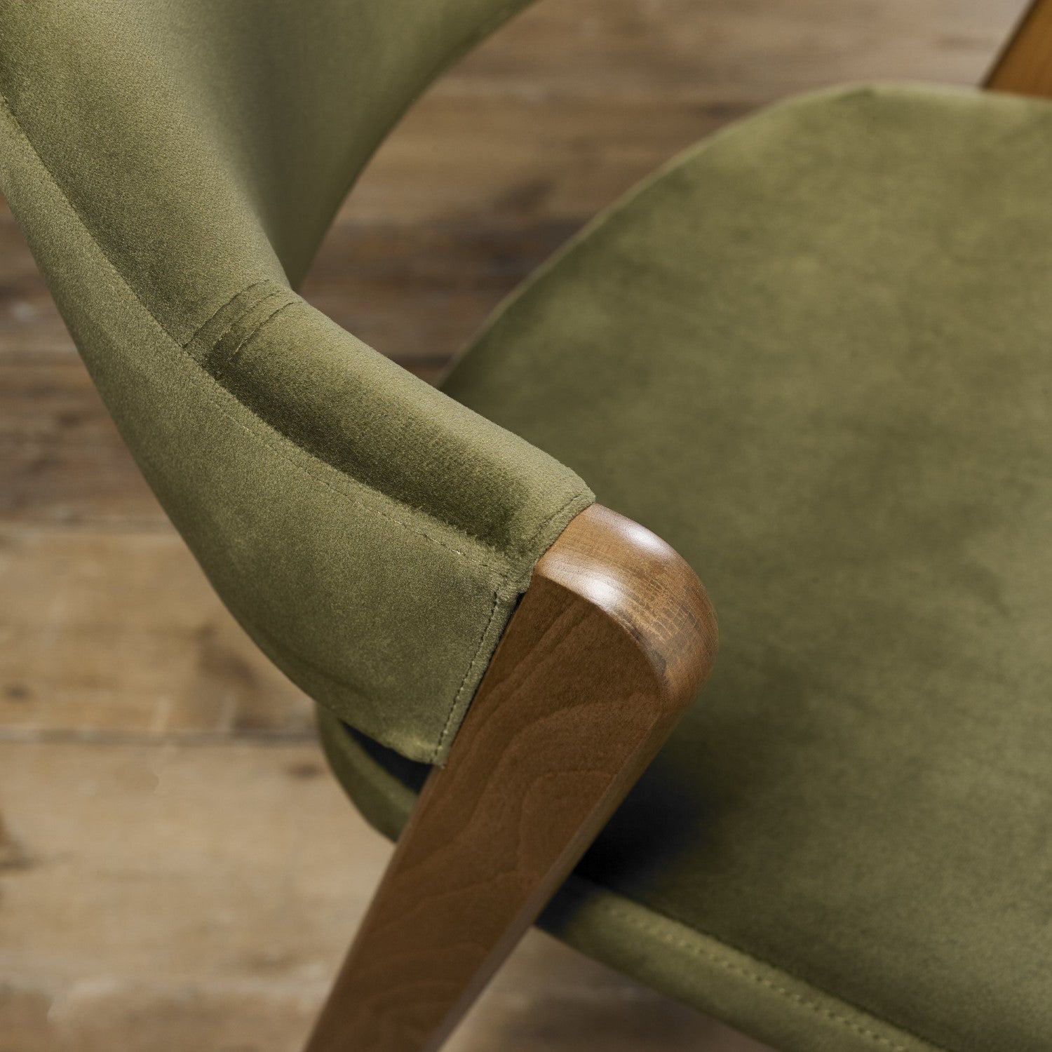 Green Velvet Fabric Curved Back Dining Chair Rustic Oak Frame - Home Furniture Interiors