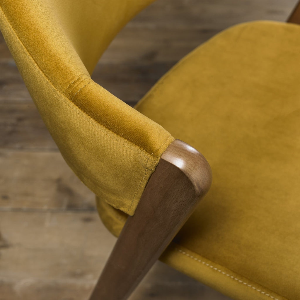 Yellow Velvet Fabric Rustic Oak Upholstered Dining Chair - Home Furniture Interiors