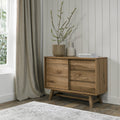 Rustic Oak 3 Drawer Narrow Sideboard Cabinet Sliding Door