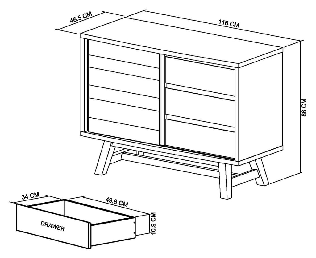 Rustic Oak 3 Drawer Narrow Sideboard Cabinet Sliding Door - Home Furniture Interiors
