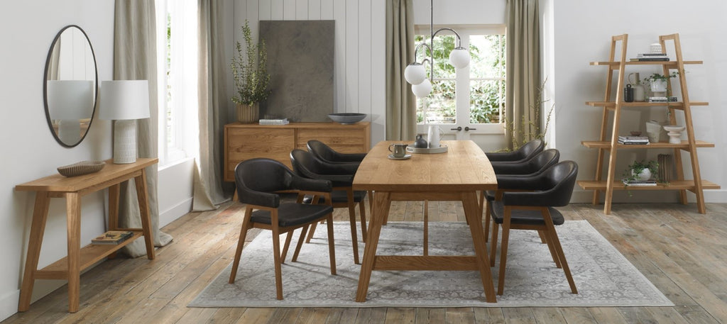 Rustic Oak Dining Table Set with 6 Oak Fabric Arm Chairs - Home Furniture Interiors
