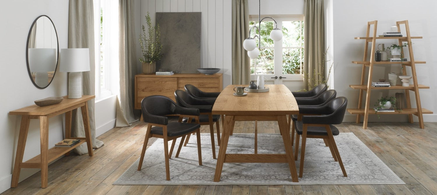 Rustic Oak Dining Table Set with 6 Oak Fabric Arm Chairs - Home Furniture Interiors