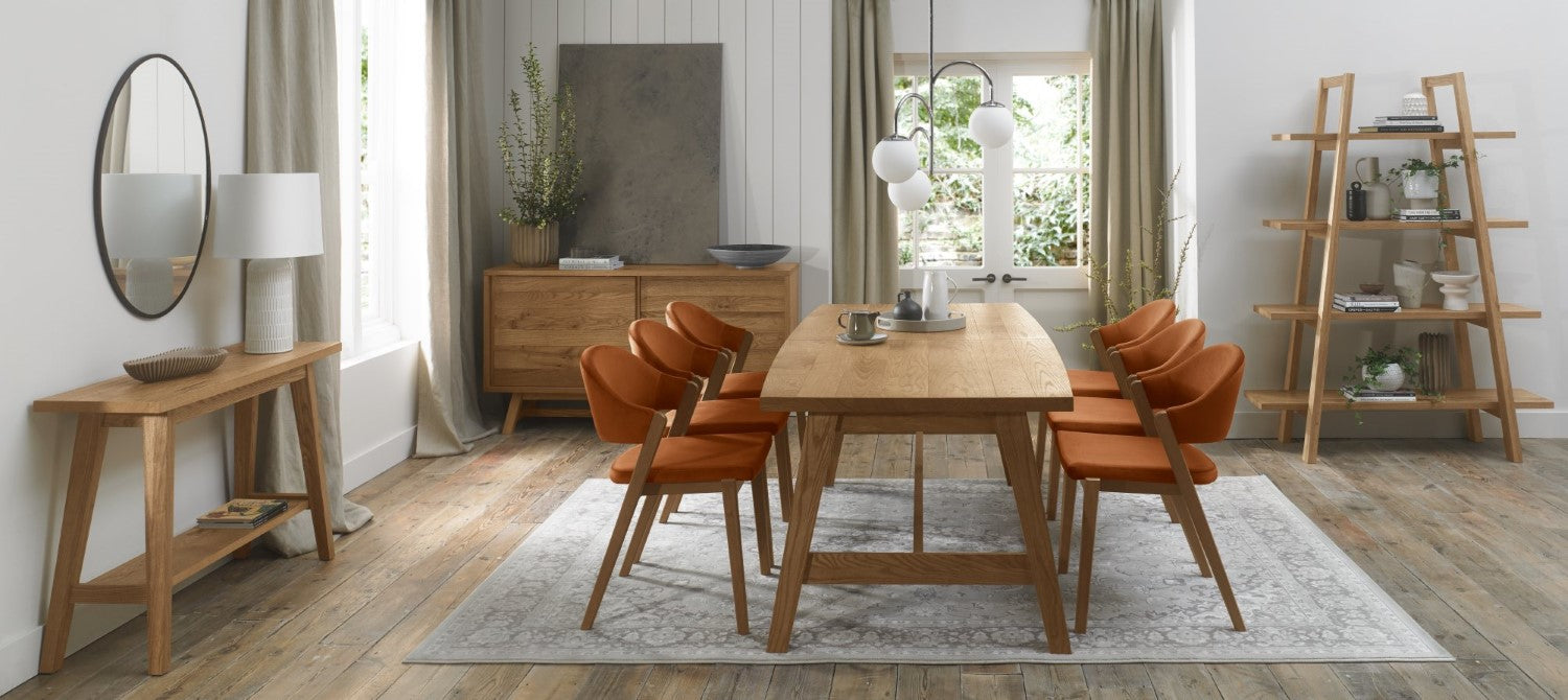 Rustic Oak Large Dining Table Set 6 Rust Velvet Chairs - Home Furniture Interiors