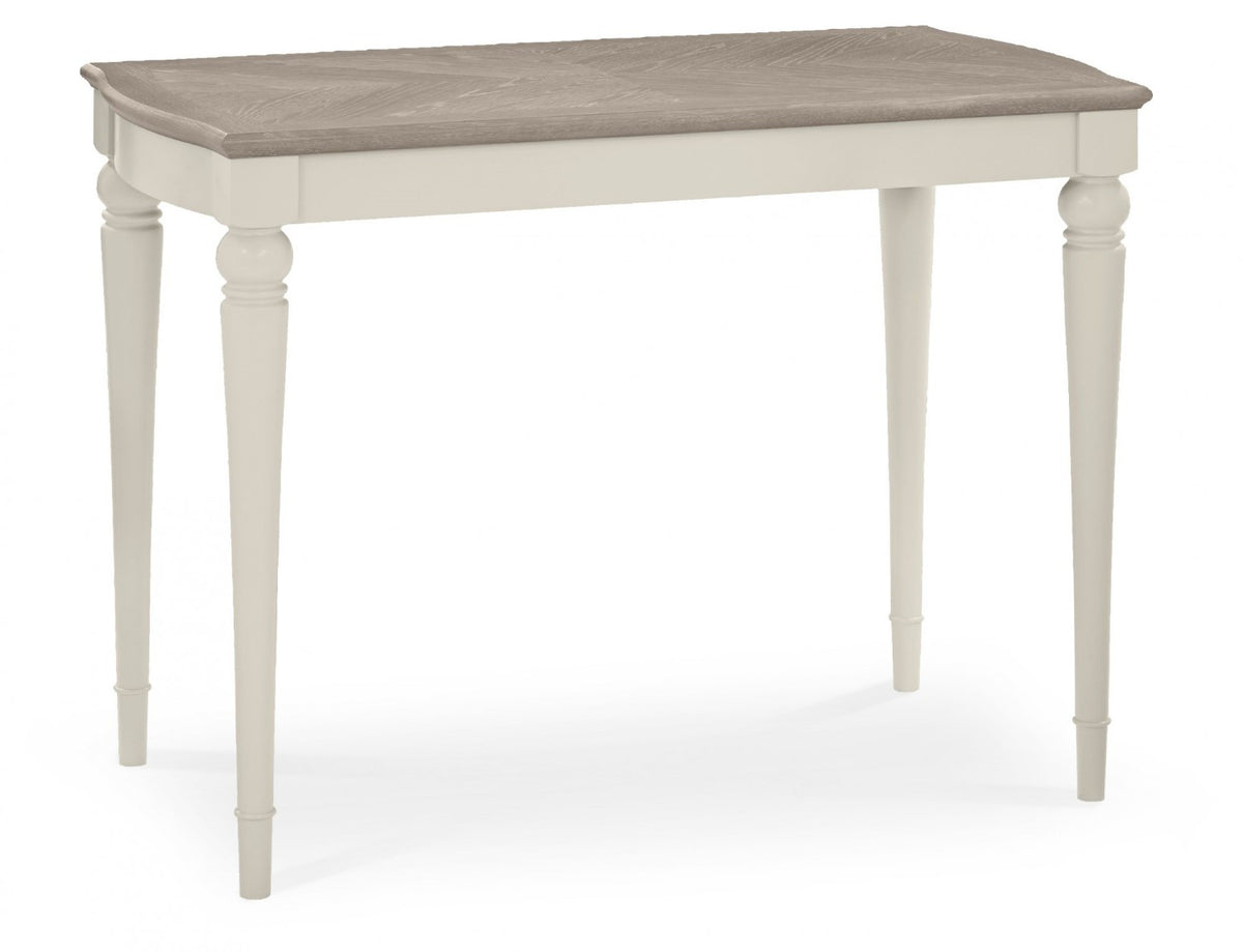 Washed Oak Grey Bar Table Set with two grey leather bar stools by Bentley Designs, modern table and chair set for kitchen or bar area.