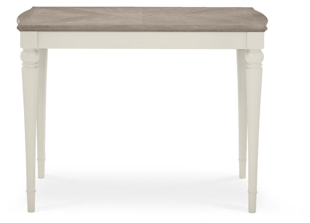 Washed Oak Grey Bar Table Set with two grey leather bar stools by Bentley Designs, modern table and chair set for home bar area.