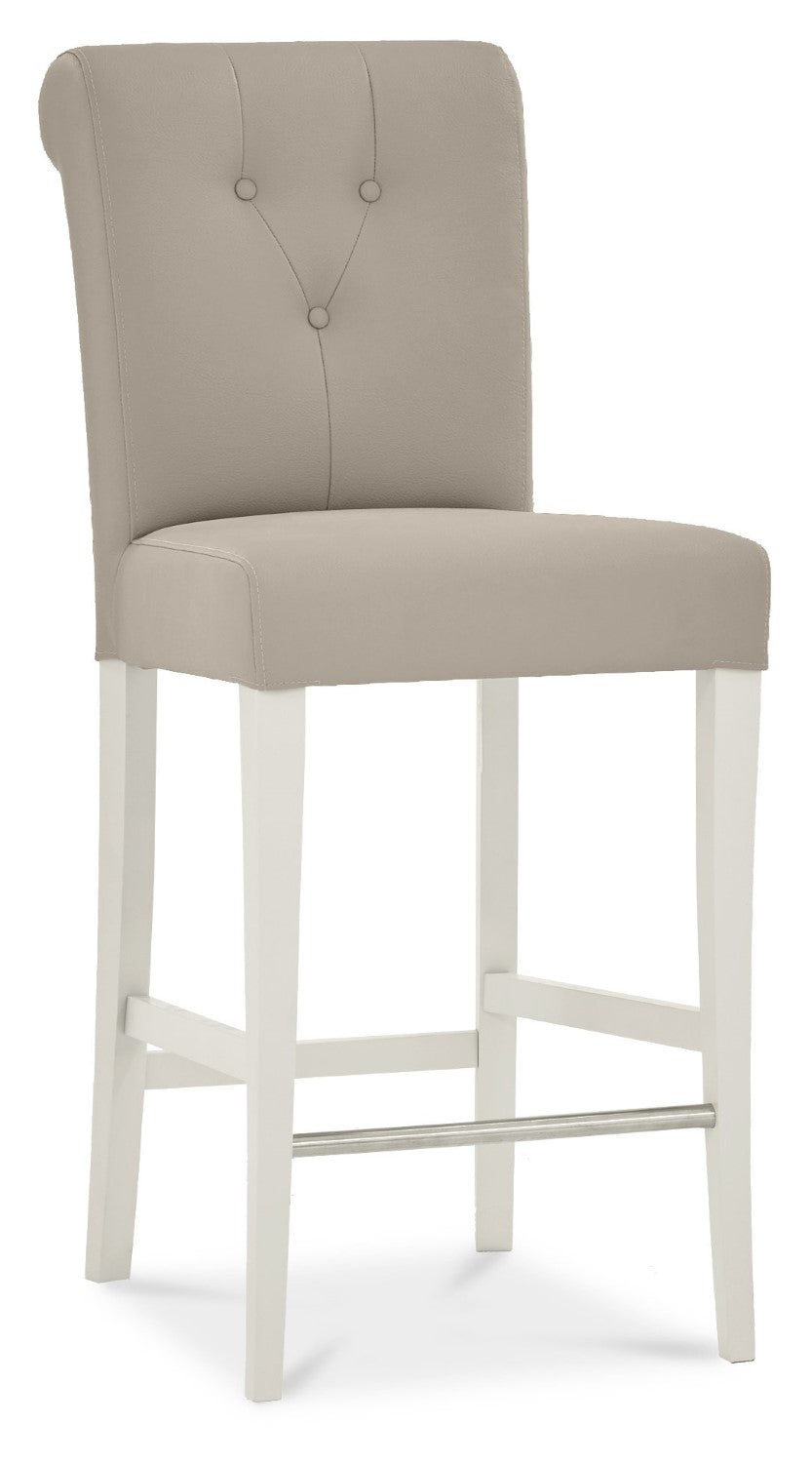 Bentley Designs washed oak grey bar table set with two grey leather bar stools, modern table and chair set for kitchen or bar area.