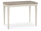 Bentley Designs washed oak bar table with two grey leather bar stools, modern set for kitchen or bar area.