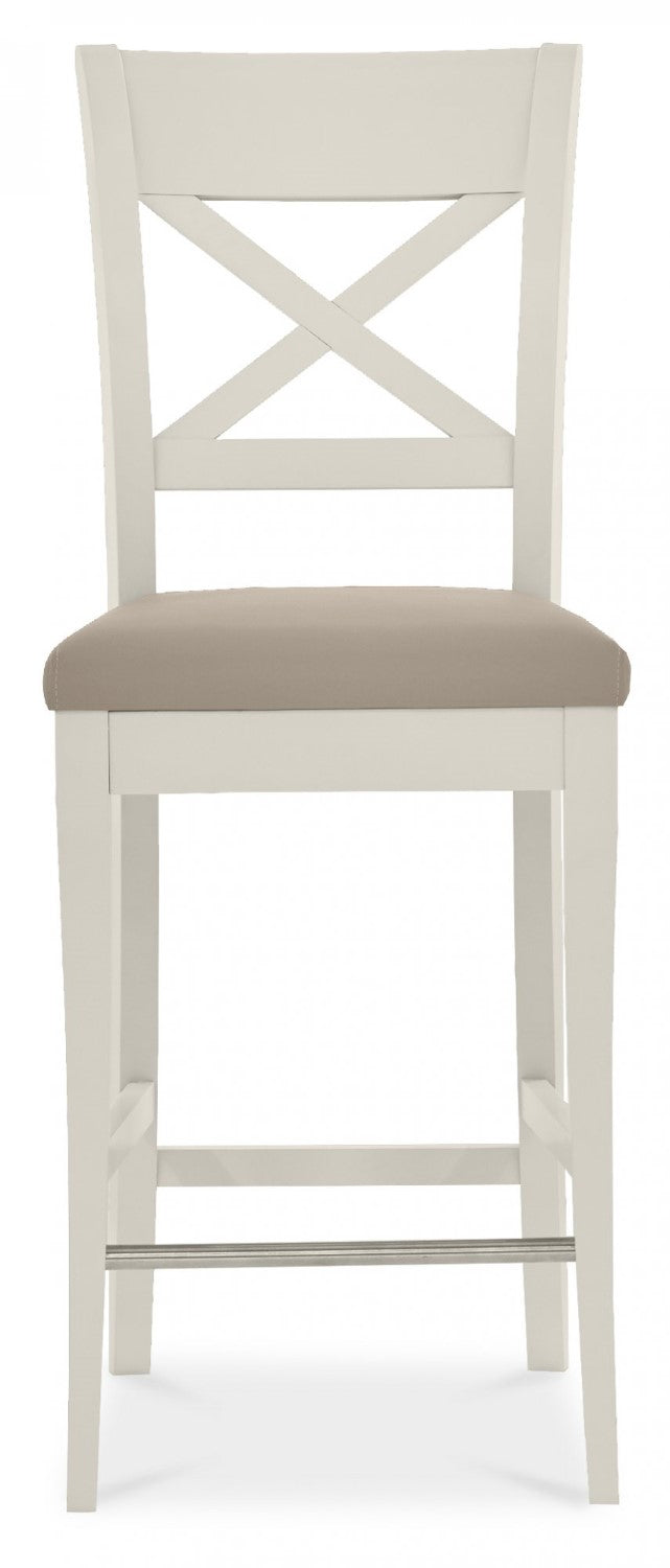 Bentley Designs Washed Oak bar table with two grey leather bar stools, modern table and chair set for kitchen or bar area.