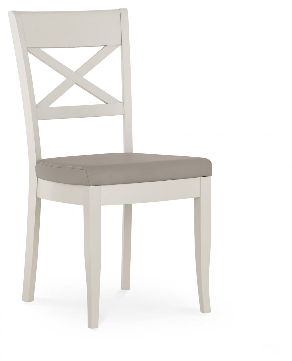 Washed oak extending dining table with four grey leather chairs from Bentley Designs, showcasing a modern dining set.