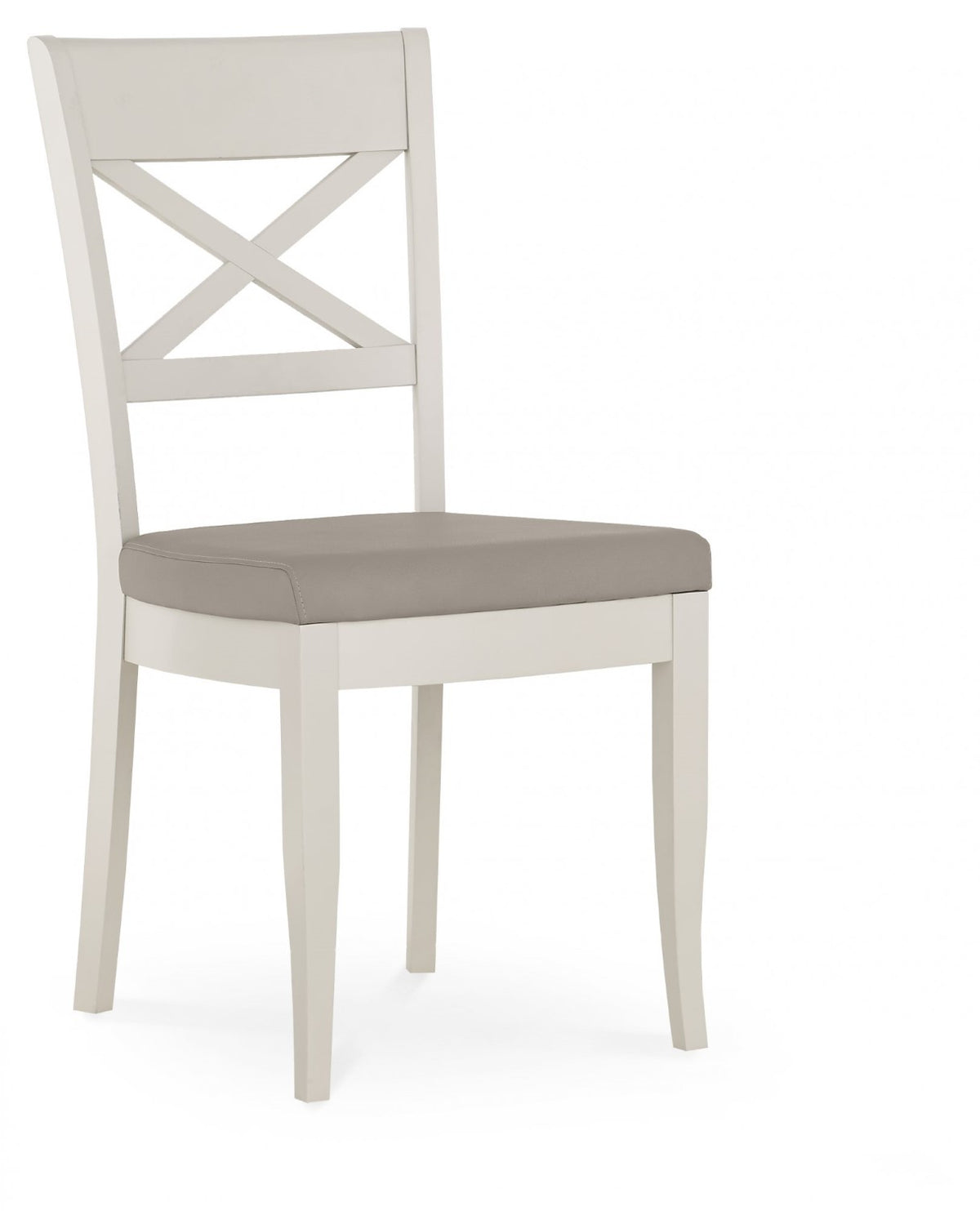 Washed oak extending dining table with four grey leather chairs from Bentley Designs, showcasing a modern dining set.