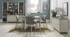 Bentley Designs washed oak dining table set with four grey fabric chairs, modern table and chair set for dining room.