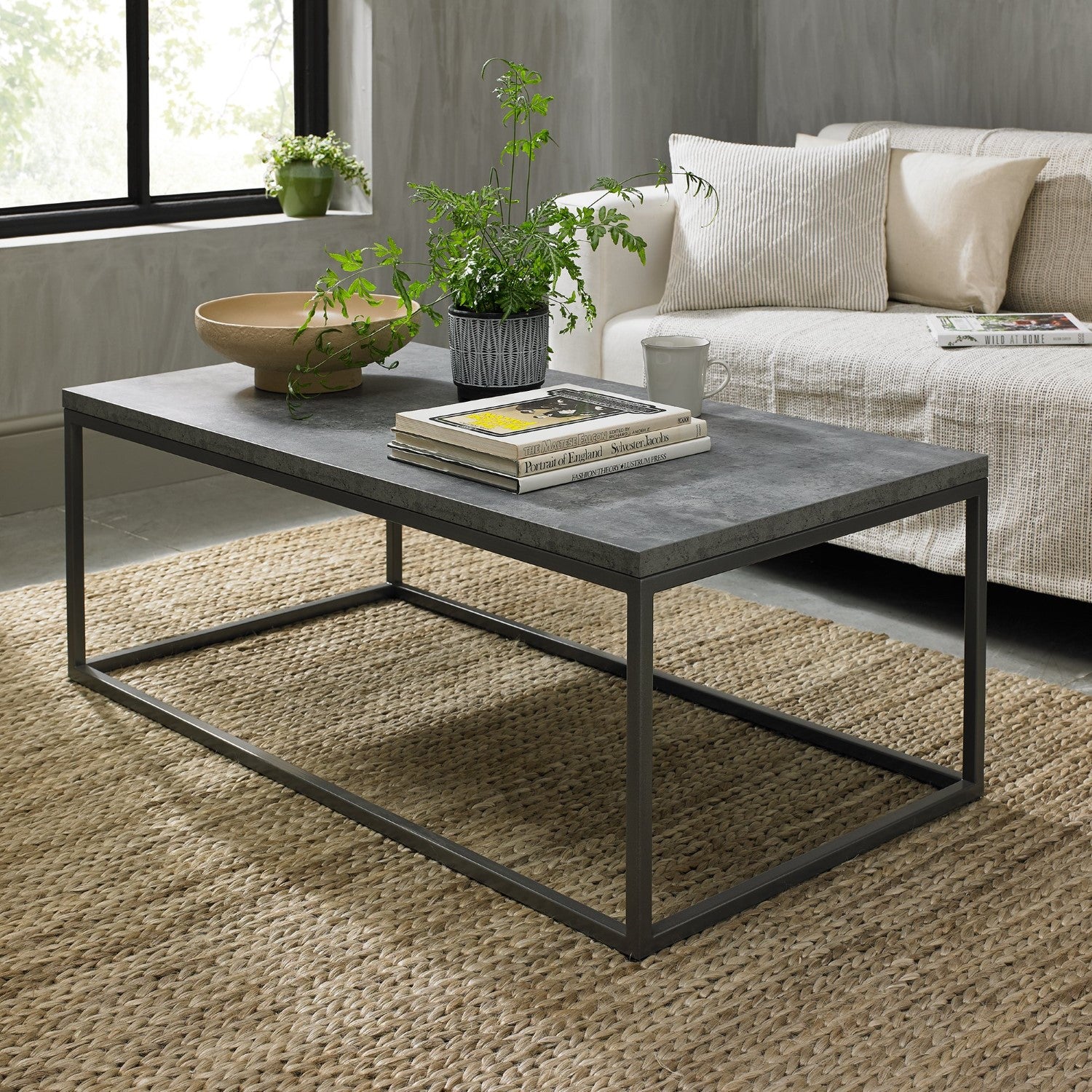 Dark Grey Top Zinc Rectangular Coffee Table Metal Base