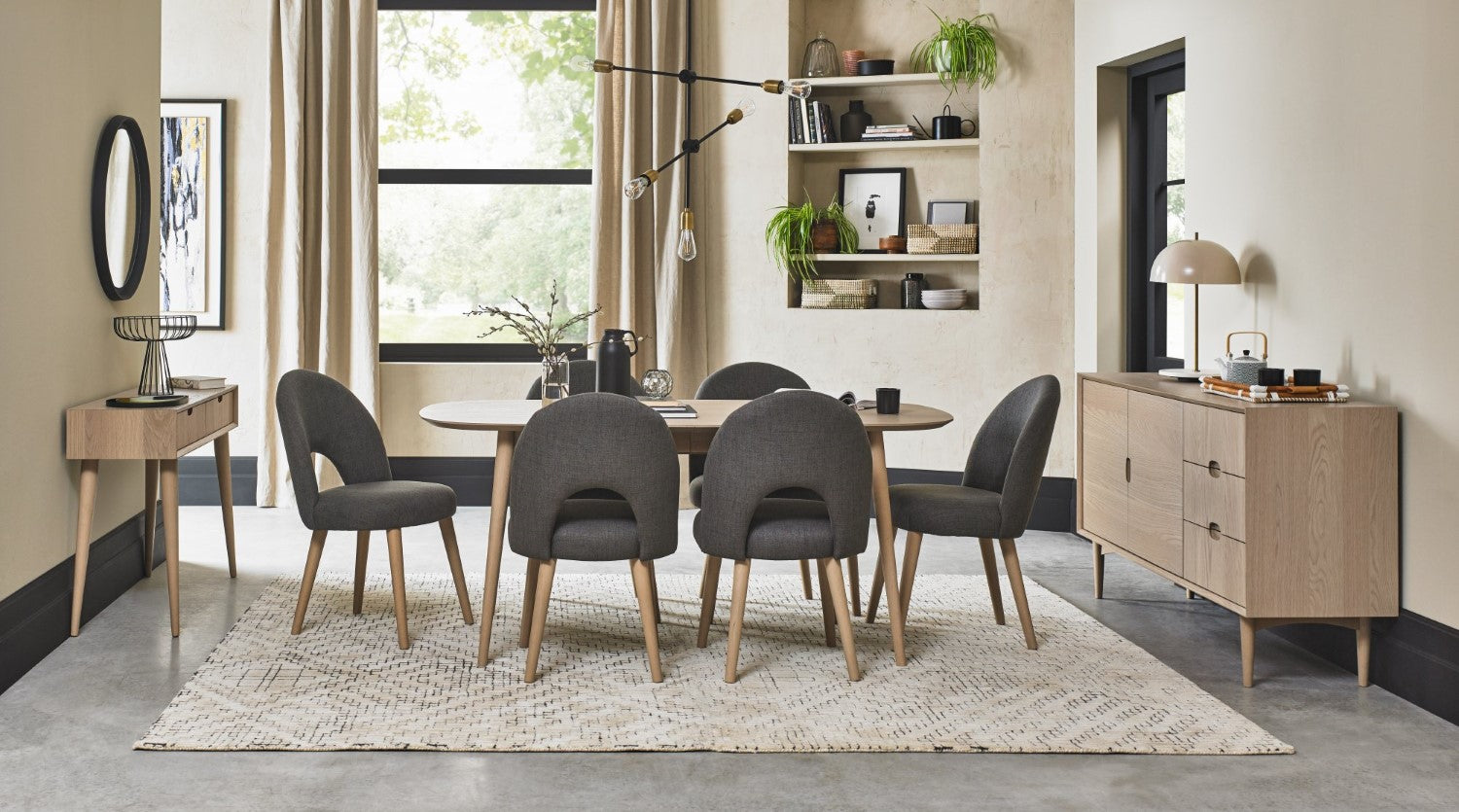 Oak Oval Extending Dining Table Set 6 Grey Fabric Chairs - Home Furniture Interiors