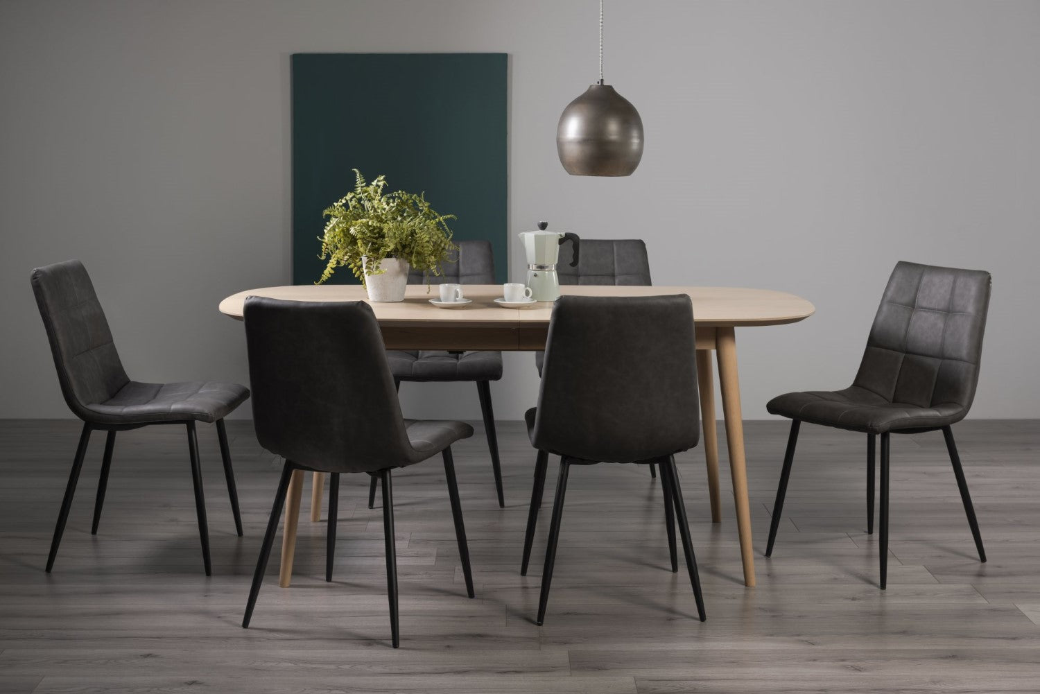 Oak 8 Seater Extending Dining Set 6 Dark Grey Leather Chairs