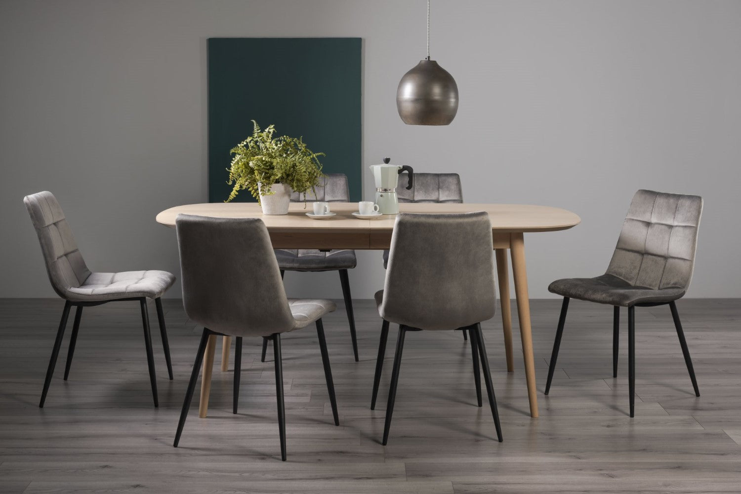 Oak Extending Dining Table Set 6 Grey Velvet Fabric Chairs