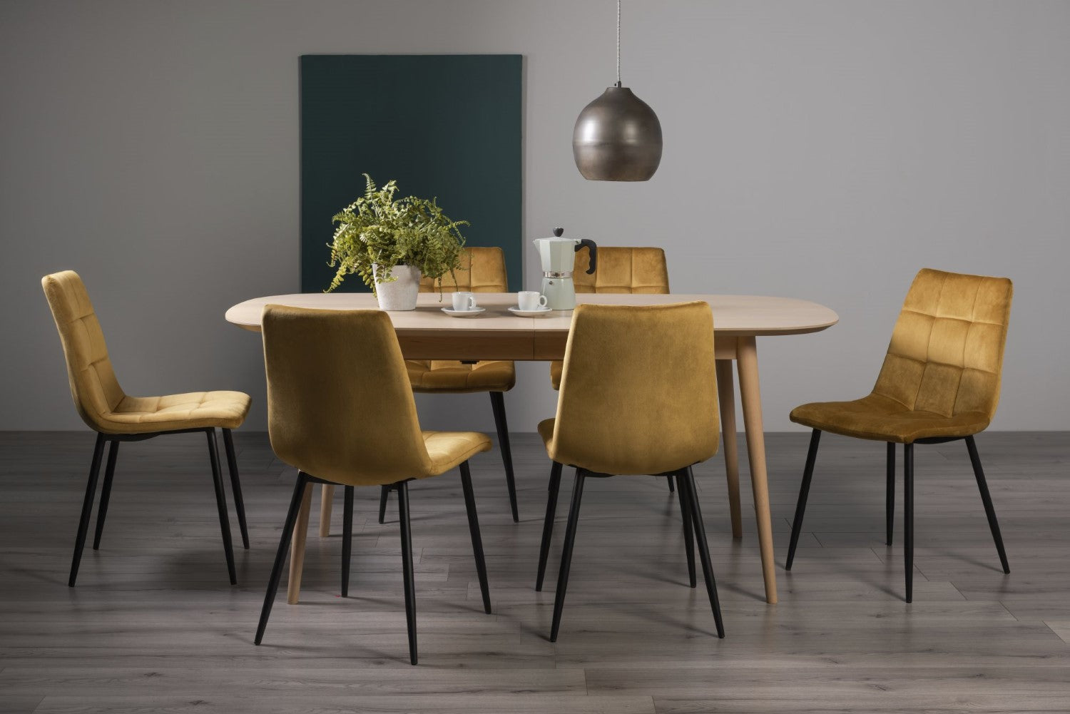 Oak Extending Dining Table Set 6 Yellow Velvet Fabric Chairs